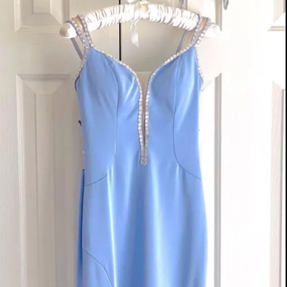 La Femme Blue Sheath Dress Plunge Neckline Sleeveless